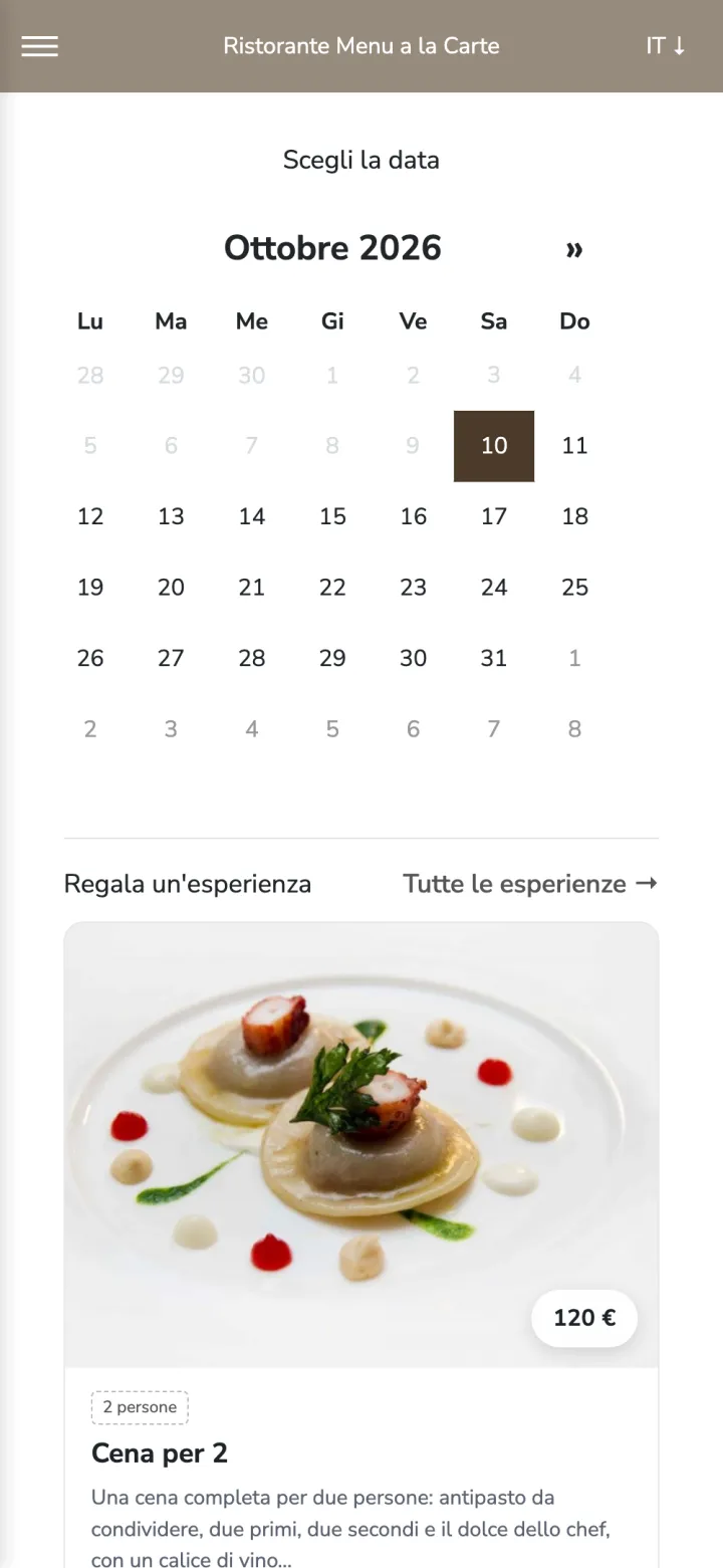 La pagina di prenotazione di un locale, con il calendario dei giorni disponibili