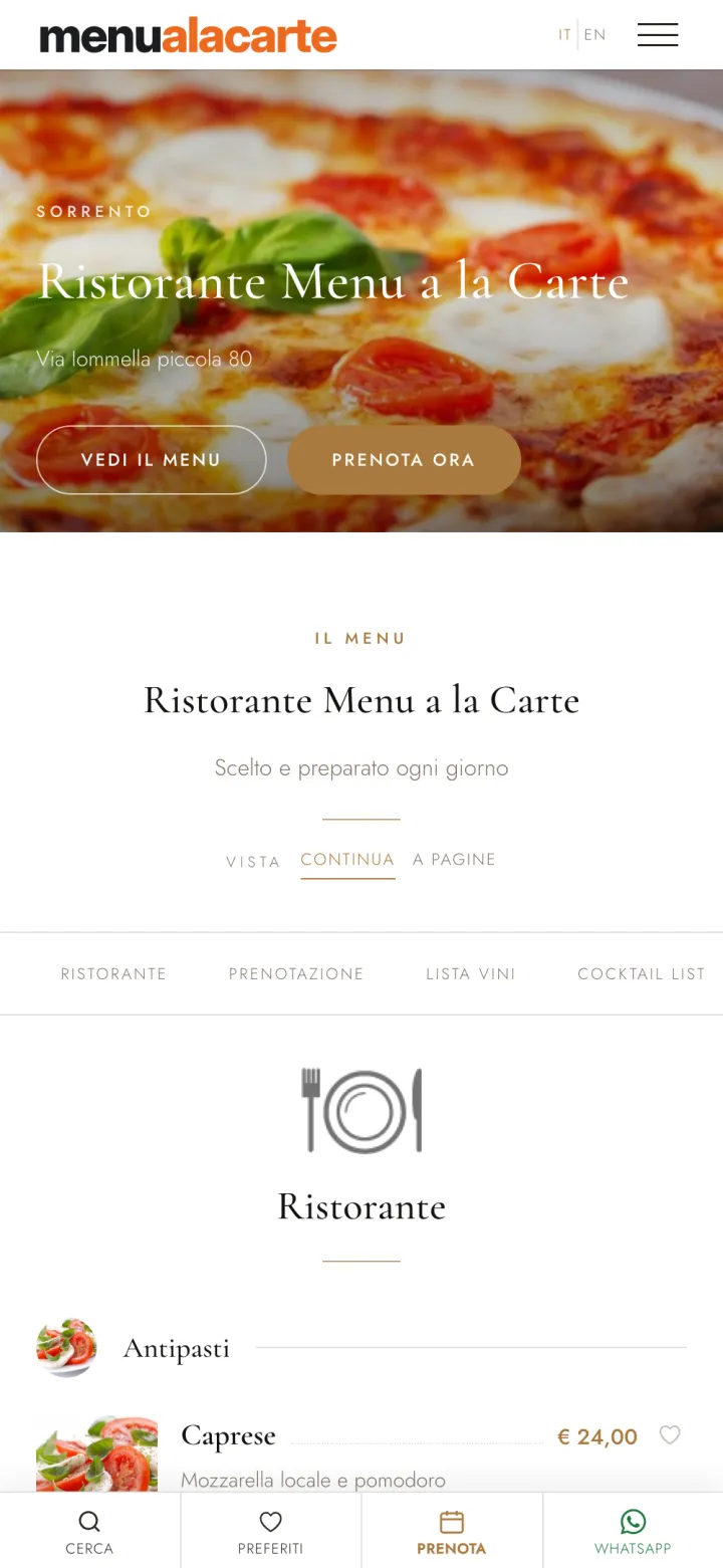 Il sito di un locale visto dal telefono